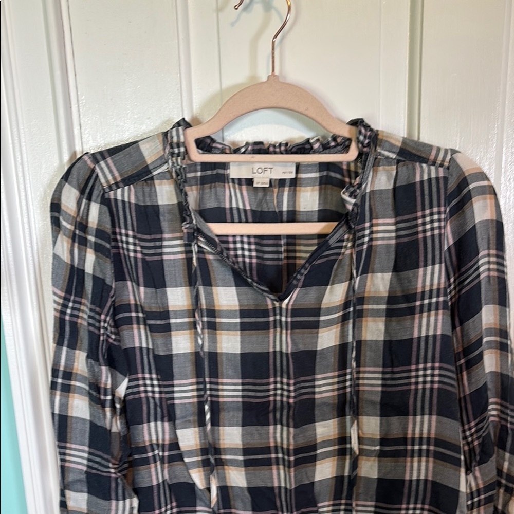 LOFT Black and White Blouse with Mandarin Collar and Tie Front